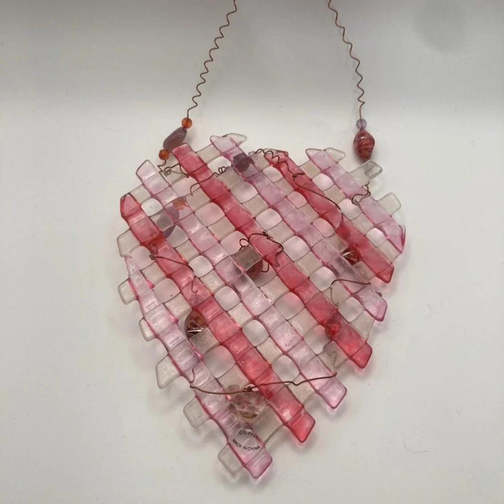 Fused Glass Heart Wall Hanging Red/Pink‎ Beaded with Copper Wire